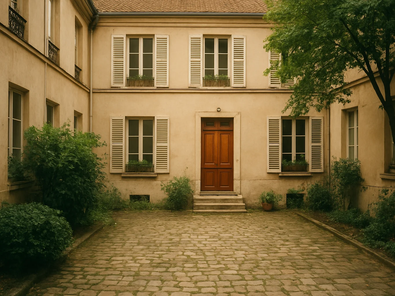 Documentary photograph of the exterior courtyard of a welcoming F