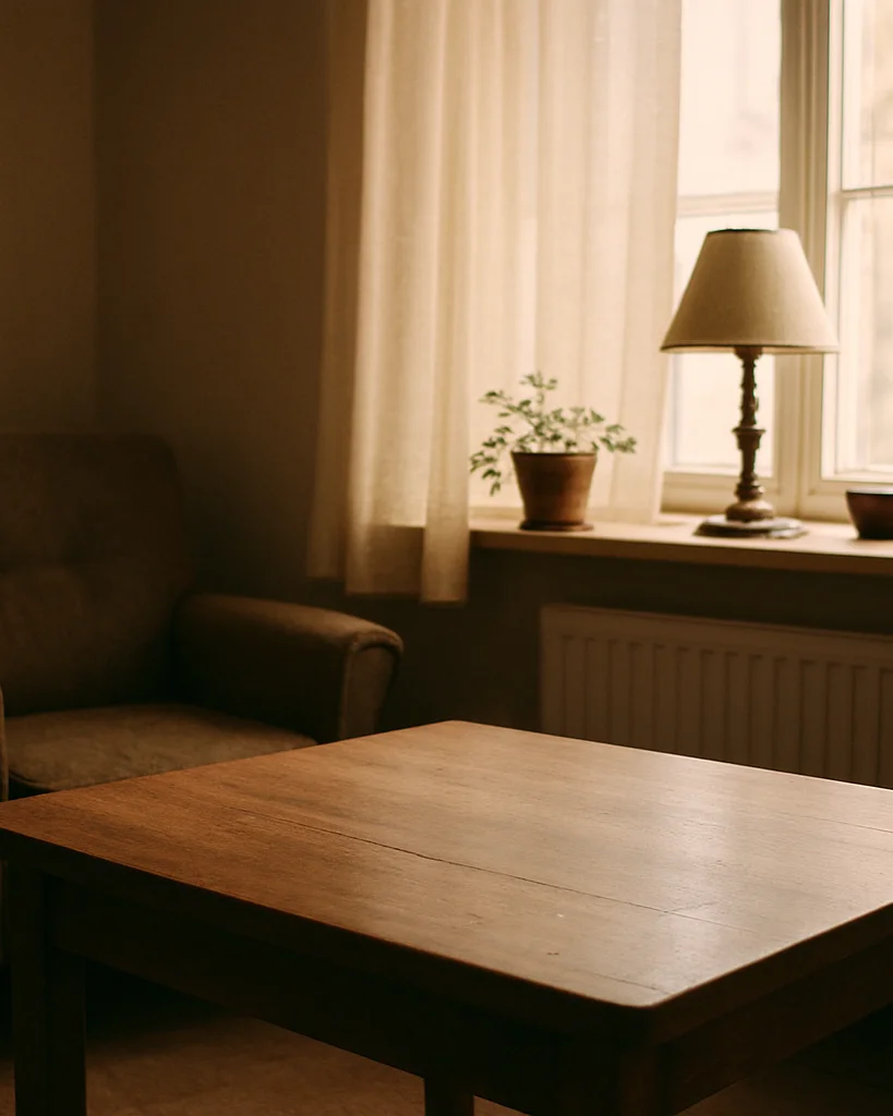 Detail photograph of a warm common room with wooden table and sof