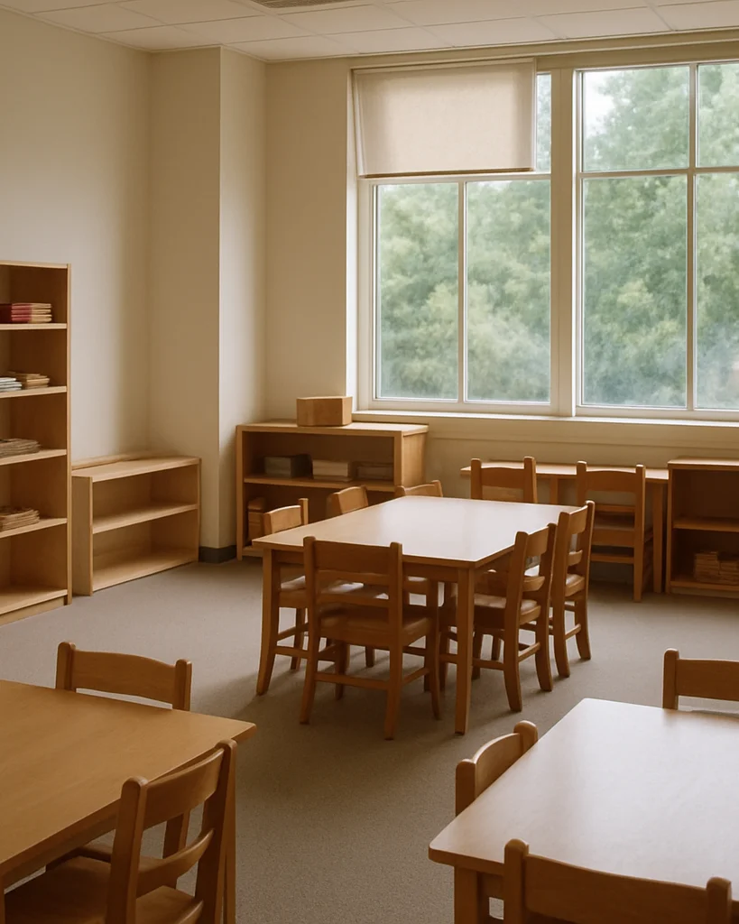 Documentary photograph of a bright activity room with simple furn