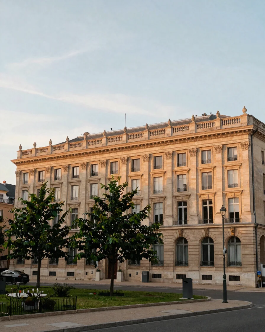 Façade d'un bâtiment institutionnel contemporain de quartier, lum